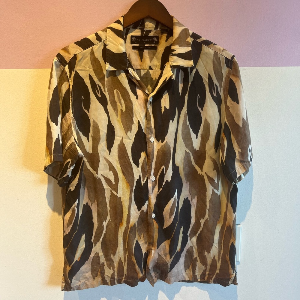 All Saints Men's Brown and Tan Patterned Camp Shirt